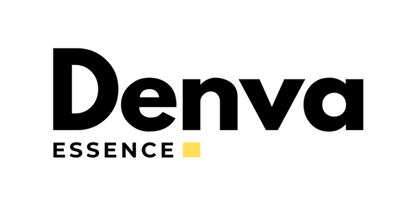 The Denva Essence logo on a white background. The word "Denva" is in a large, bold, black sans-serif font. Below it, in a much smaller black sans-serif font, is the word "ESSENCE" followed by a small yellow square.