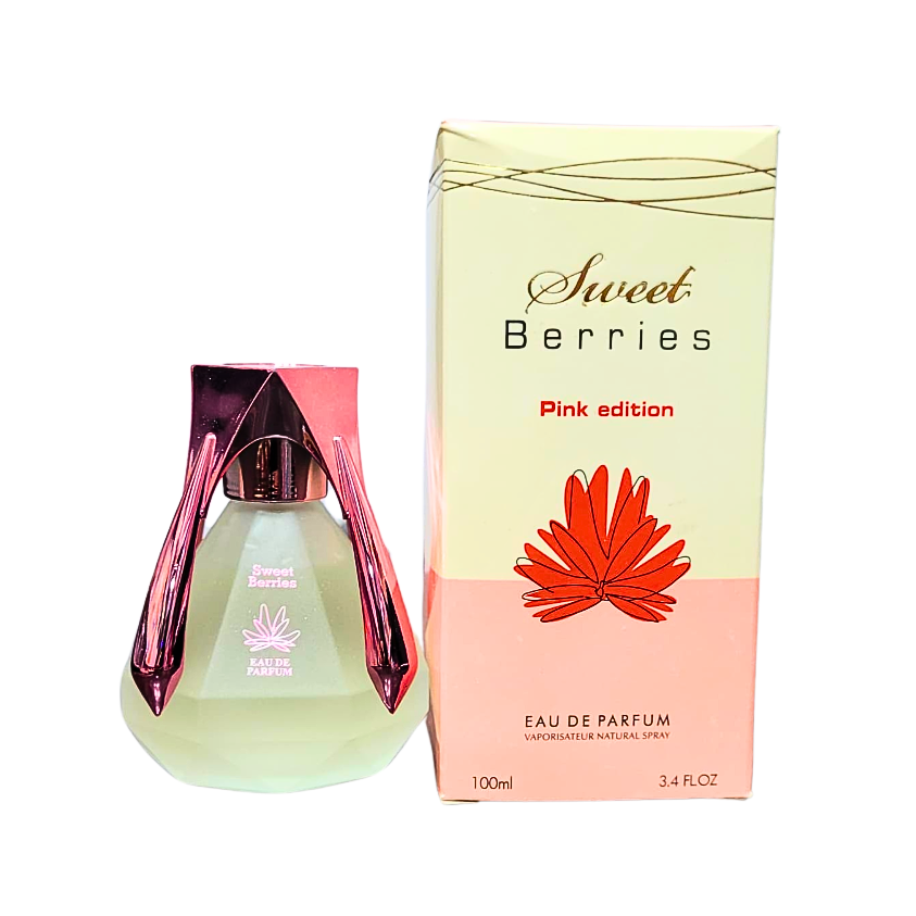 A photo of the Sweet Berries Perfume bottle. The bottle is made of clear glass with a faceted diamond shape and a gold cap. The label on the bottle reads "Sweet Berries" and "Eau de Parfum."