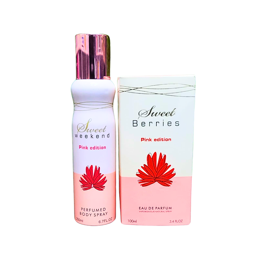 A photo of the Sweet Berries Perfume & Sweet Weekend Deodorant Spray Set. The set includes a 100ml Eau de Parfum bottle with a pink cap and a 200ml perfumed body spray bottle, both featuring a pink floral design and the text "Sweet Berries" and "Sweet Weekend."