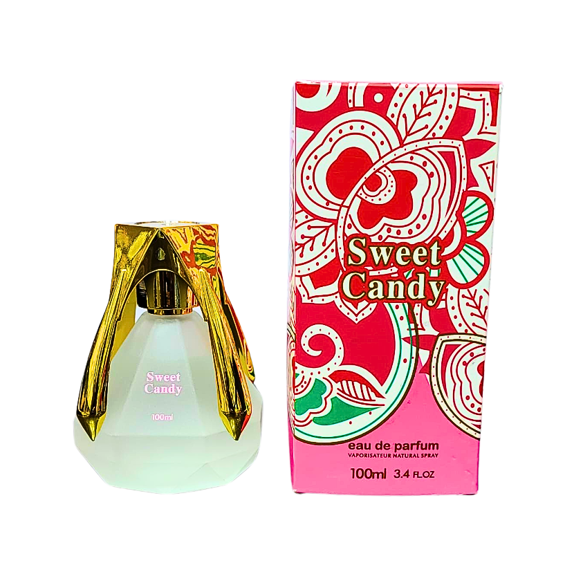 A photo of a 100ml bottle of Sweet Candy Perfume and its box. The bottle is clear glass with a faceted diamond shape and a gold cap and base. The label on the bottle reads "Sweet Candy." The box is pink with a floral design and matches the perfume bottle.