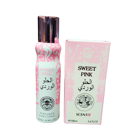 A photo of the Sweet Pink Perfume & Deodorant Spray Set. The set includes a 100ml Eau de Parfum bottle with a pink cap and a 200ml perfumed body spray bottle, both featuring a pink floral design and the text "Sweet Pink."